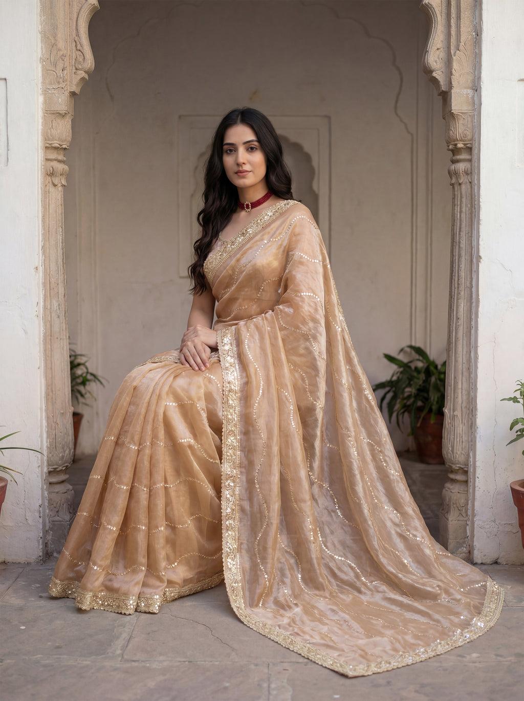 Tan Tissue Striped Sequence Work Saree