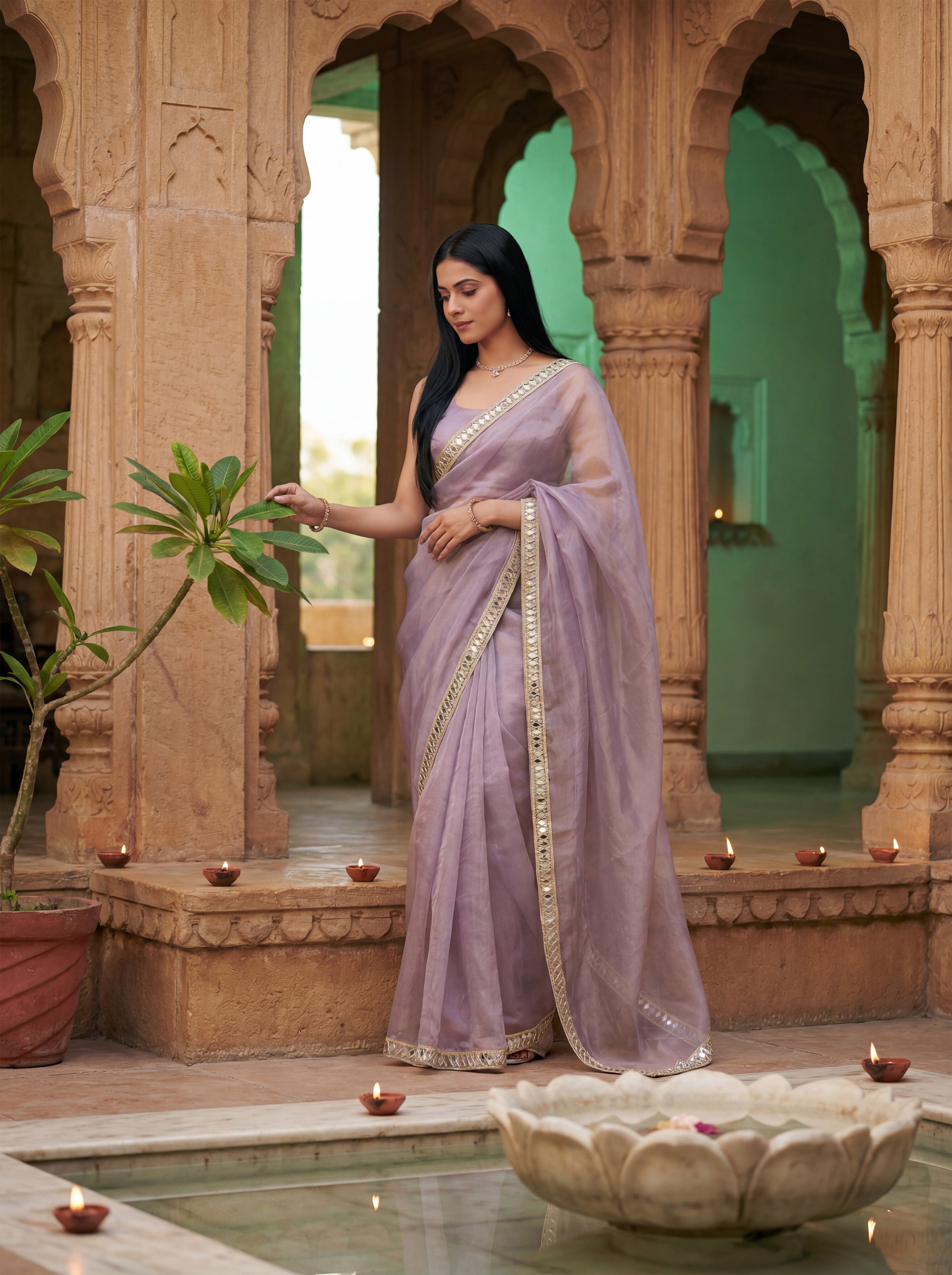 Lavender Tissue Geometric Mirror Work Saree