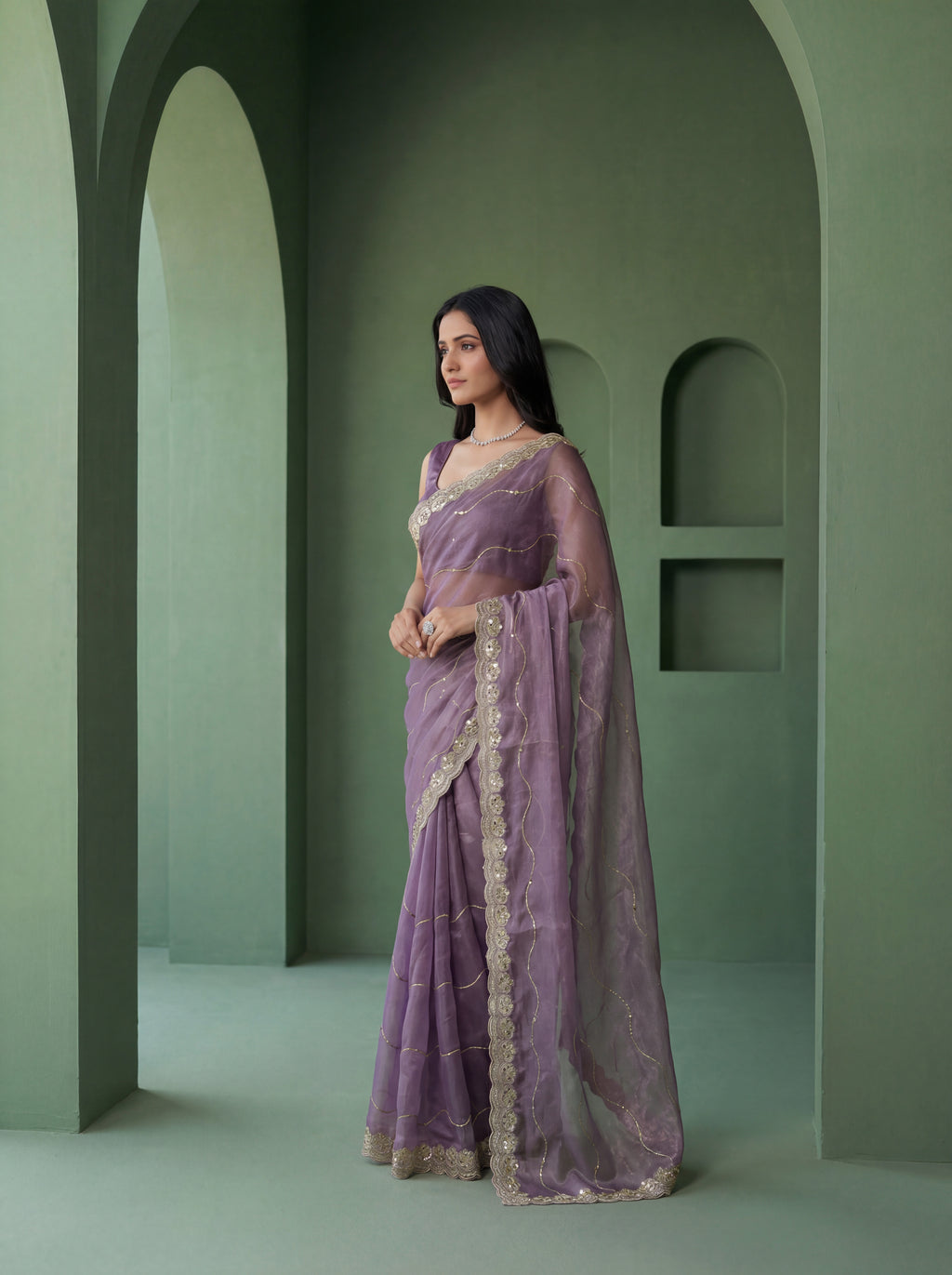Lavender Organza Striped Zari Work Saree