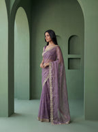 Lavender Organza Striped Zari Work Saree