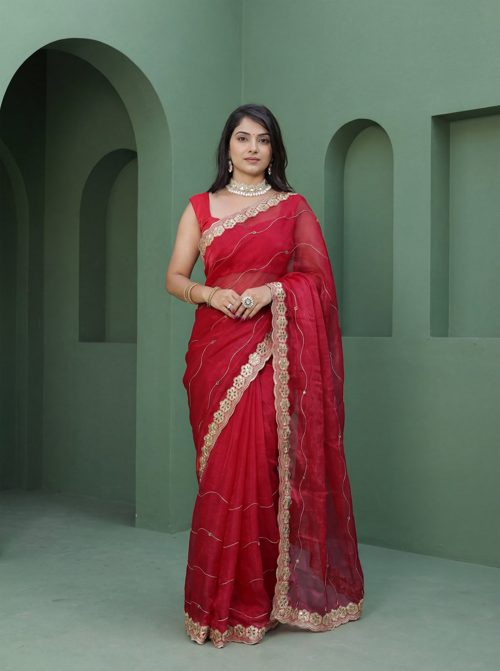 Red Organza Striped Zari Work Saree