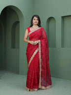 Red Organza Striped Zari Work Saree