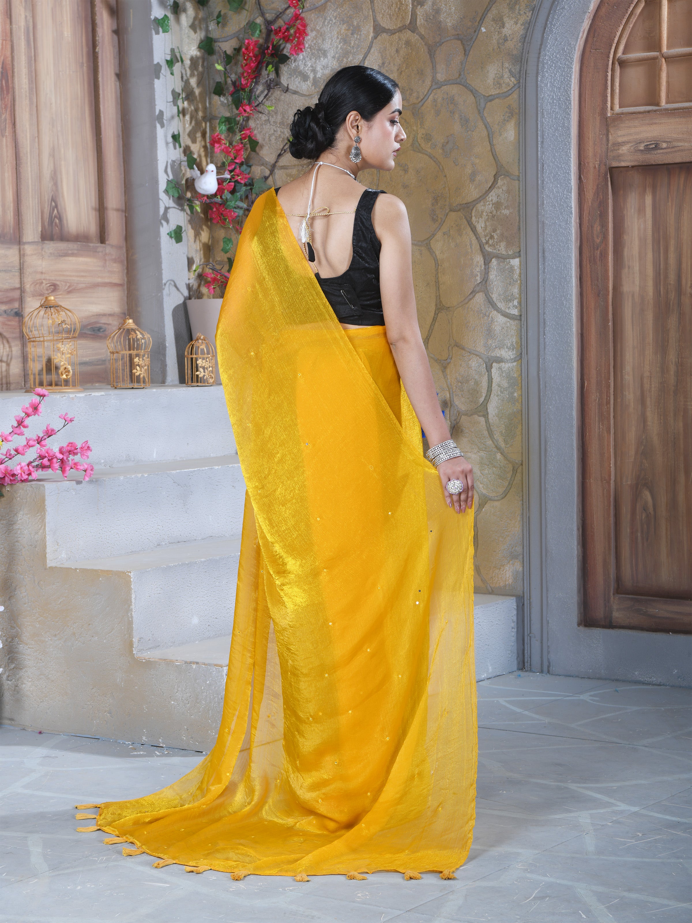 Mustard Pure Chiffon Mirror Work Saree