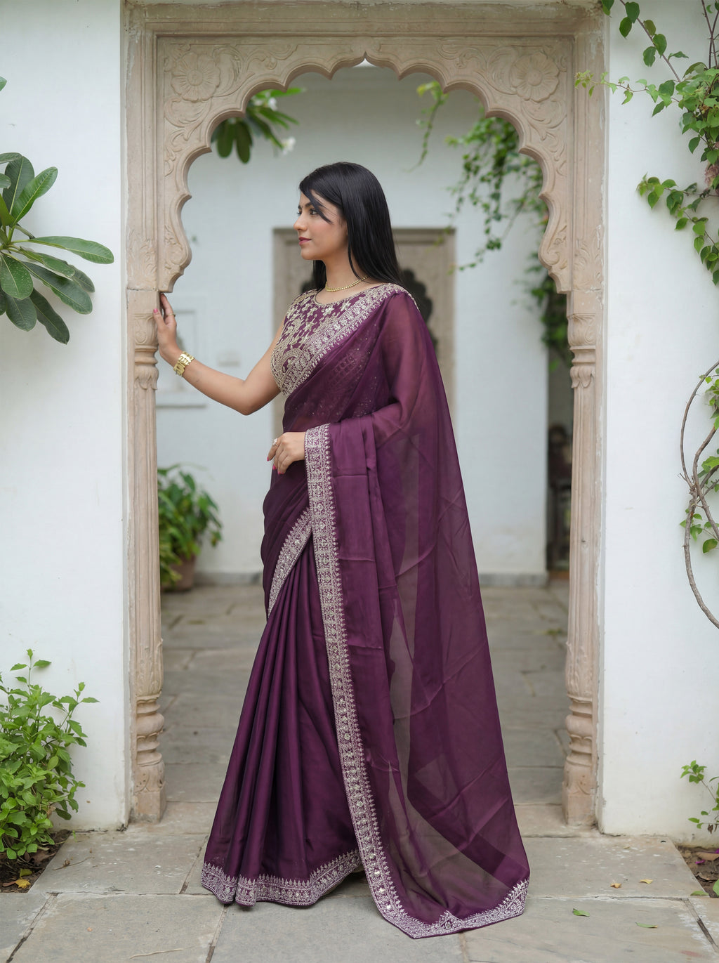 Burgundy Silk Sequence & Mirror Work Saree