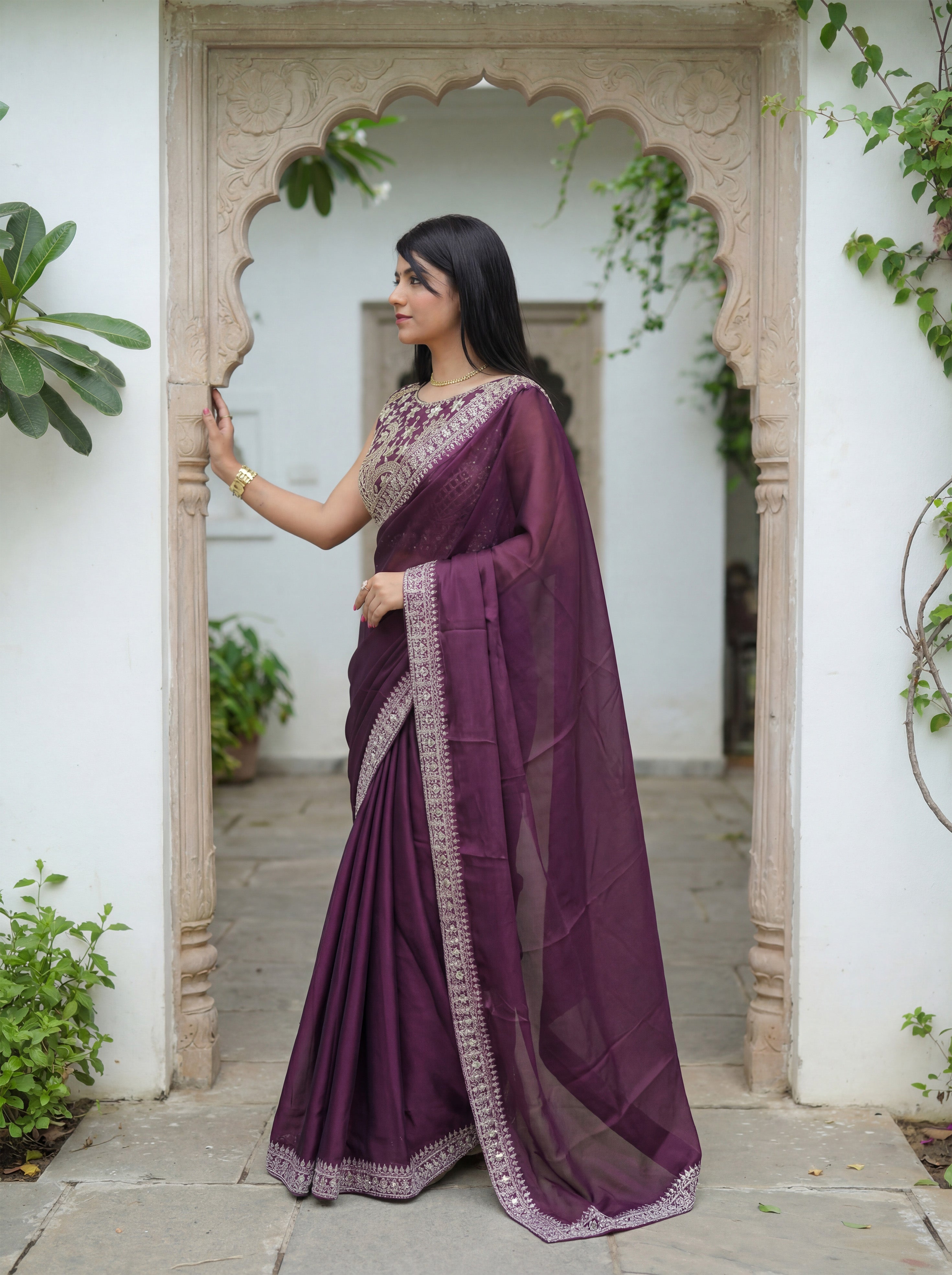 Burgundy Silk Sequence & Mirror Work Saree