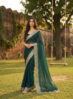 Teal Green Tissue Sequence & Mirror Work Saree