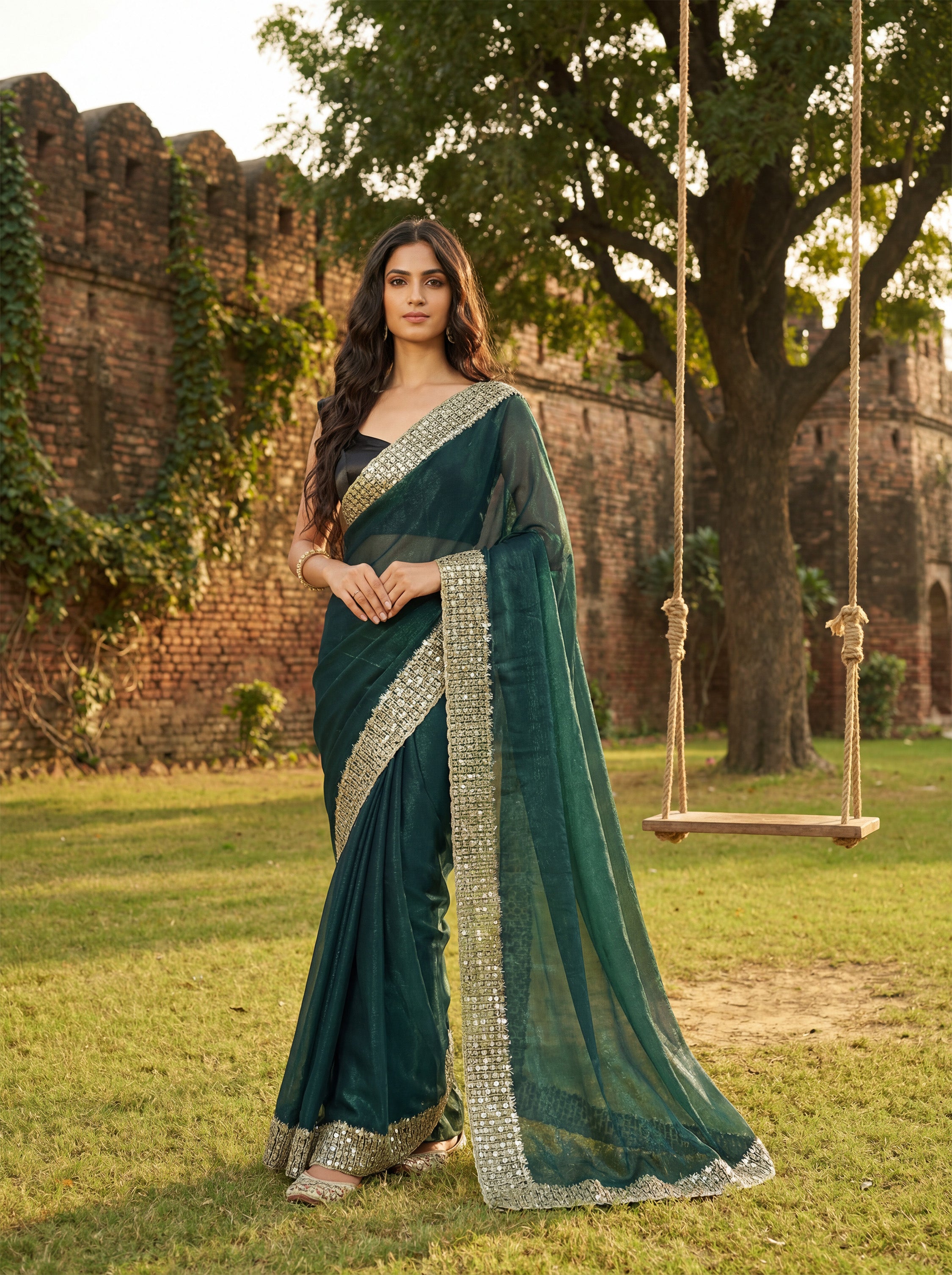 Teal Green Tissue Sequence & Mirror Work Saree