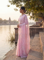 Pink Organza Floral Thread Work Saree