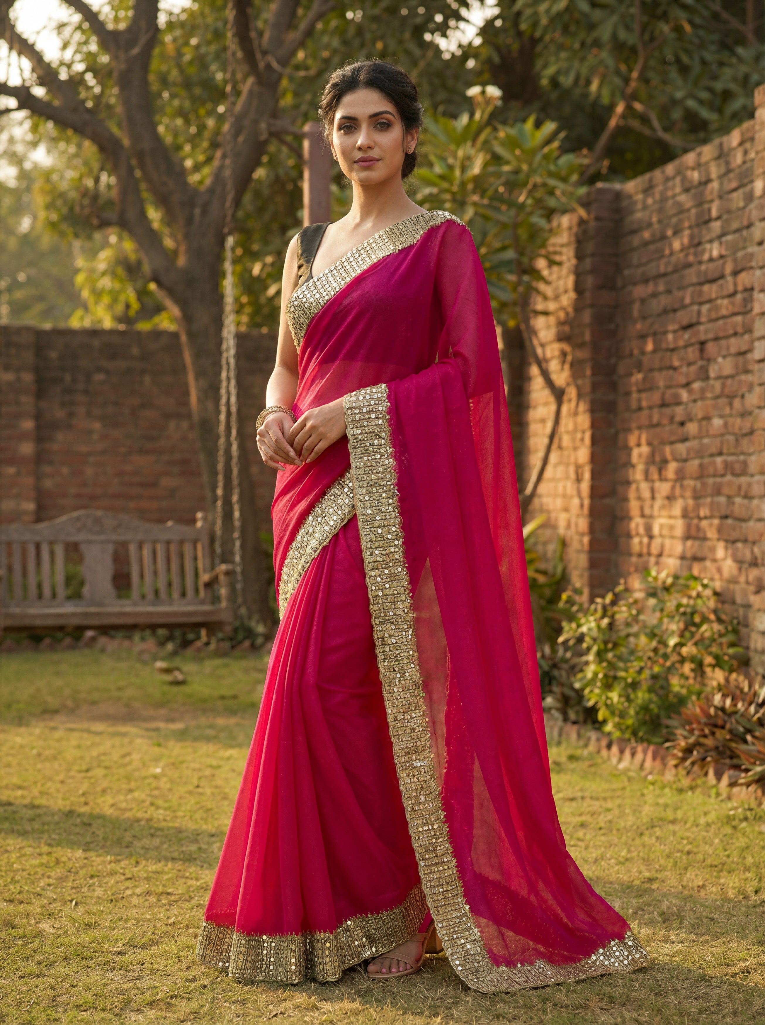 Pink Tissue Sequence & Mirror Work Saree