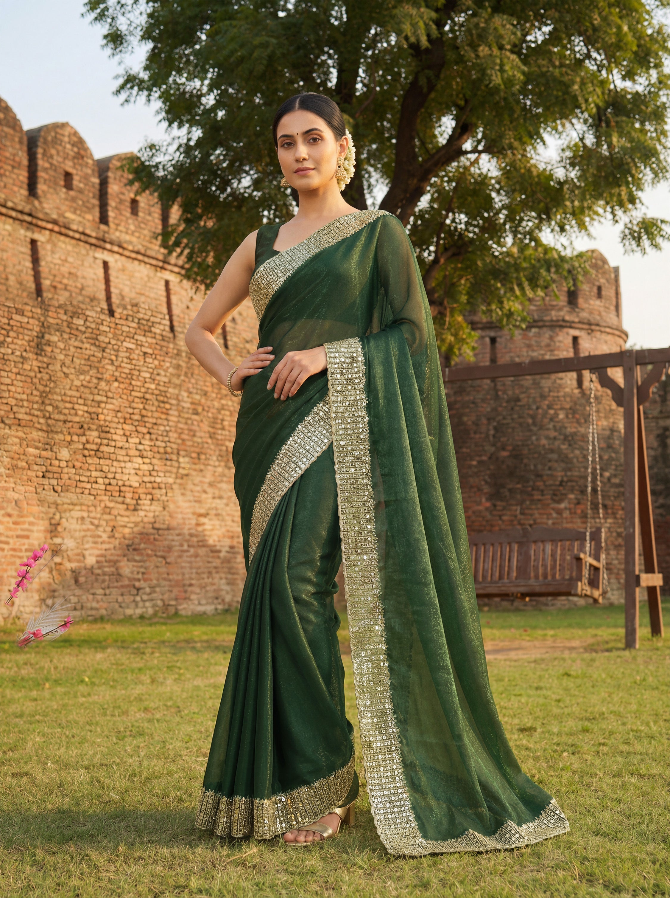 Green Tissue Sequence & Mirror Work Saree
