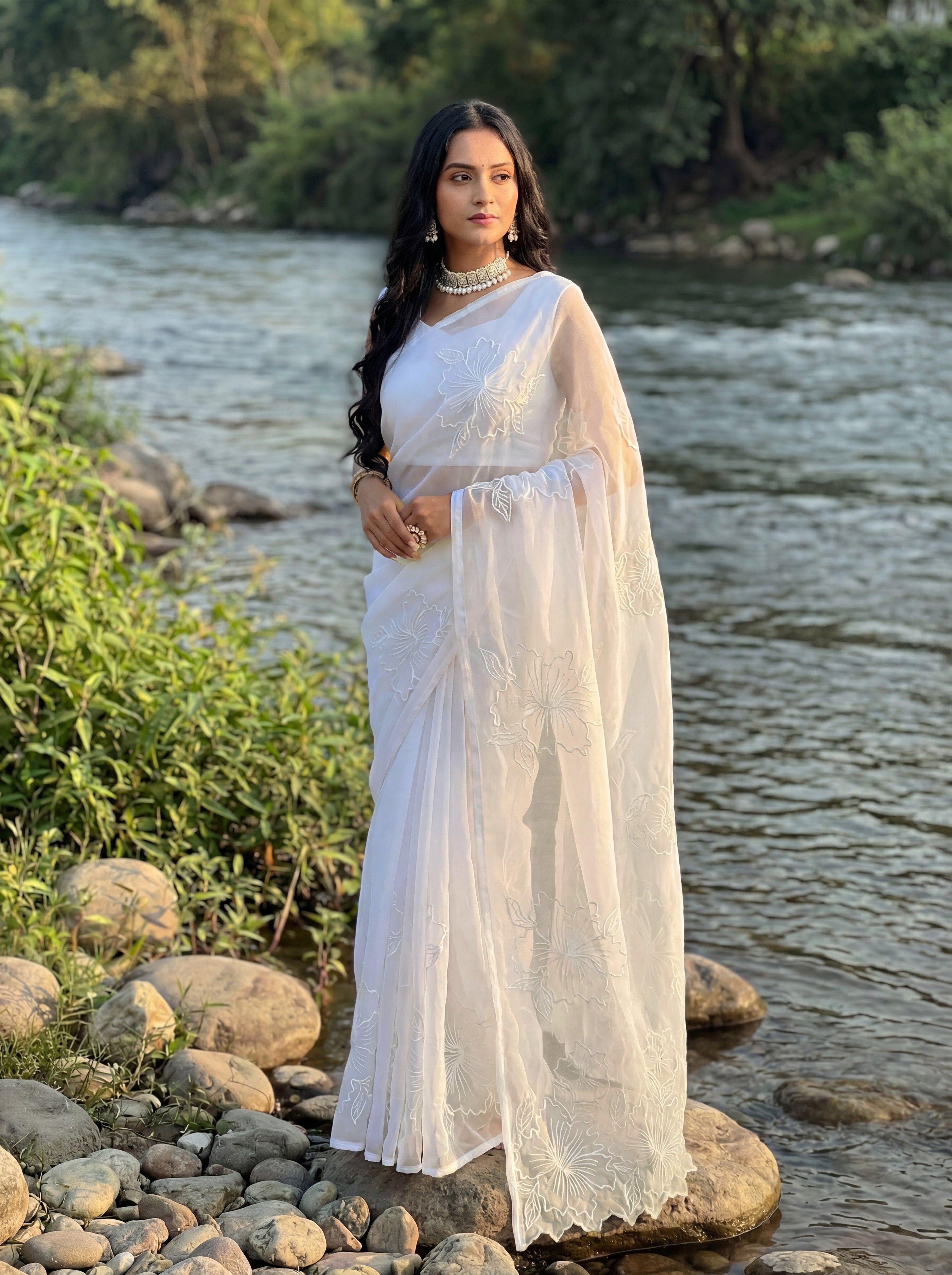 White Organza Floral Thread Work Saree