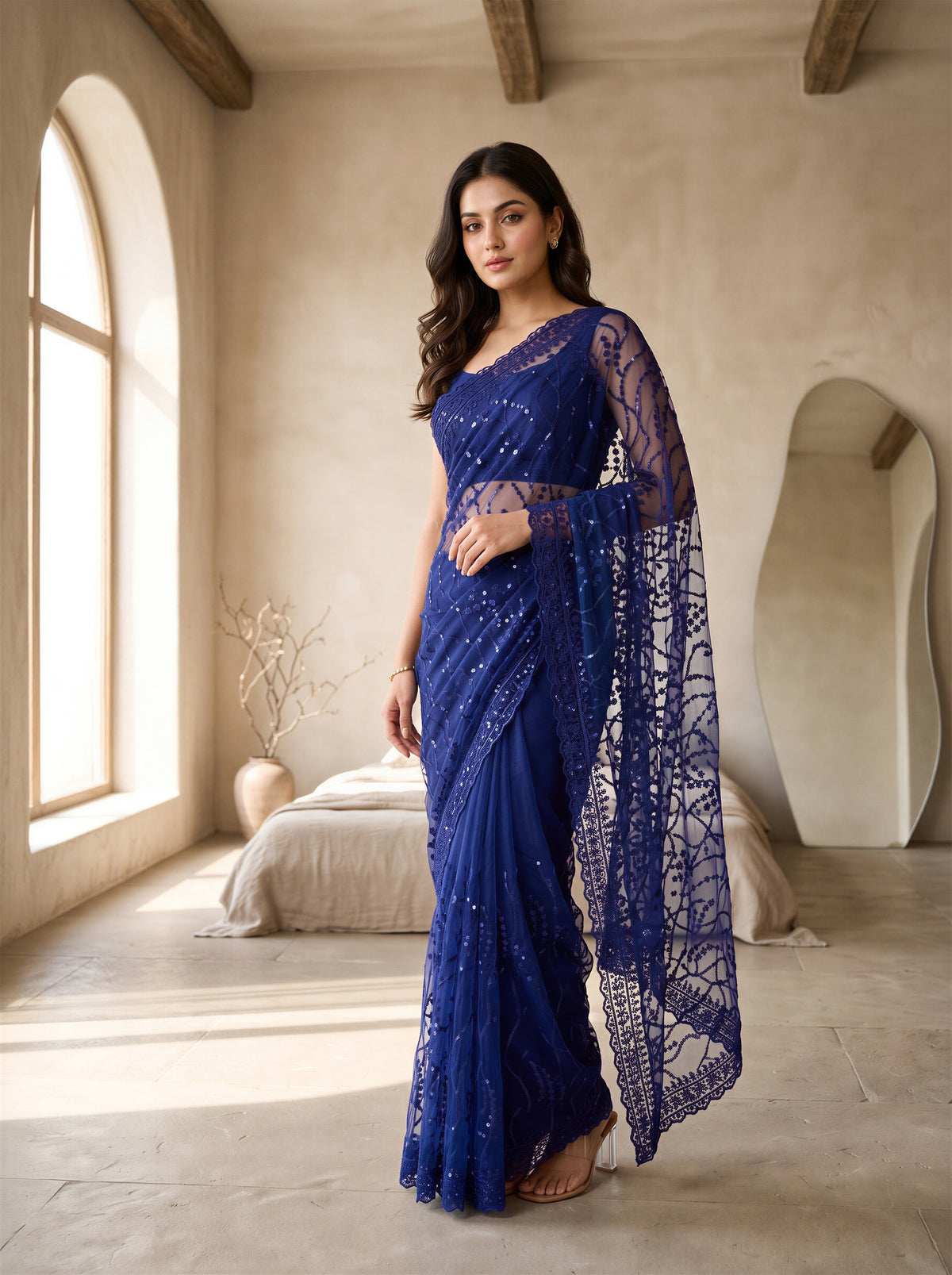 Navy Blue Net Floral Sequence Work Saree