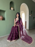 Burgundy Organza Striped Zari Work Saree