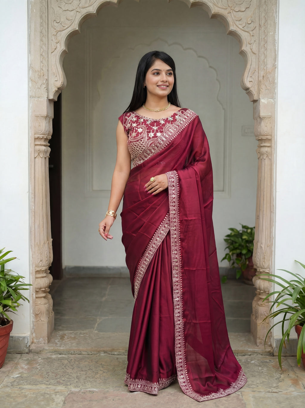 Maroon Silk Sequence & Mirror Work Saree