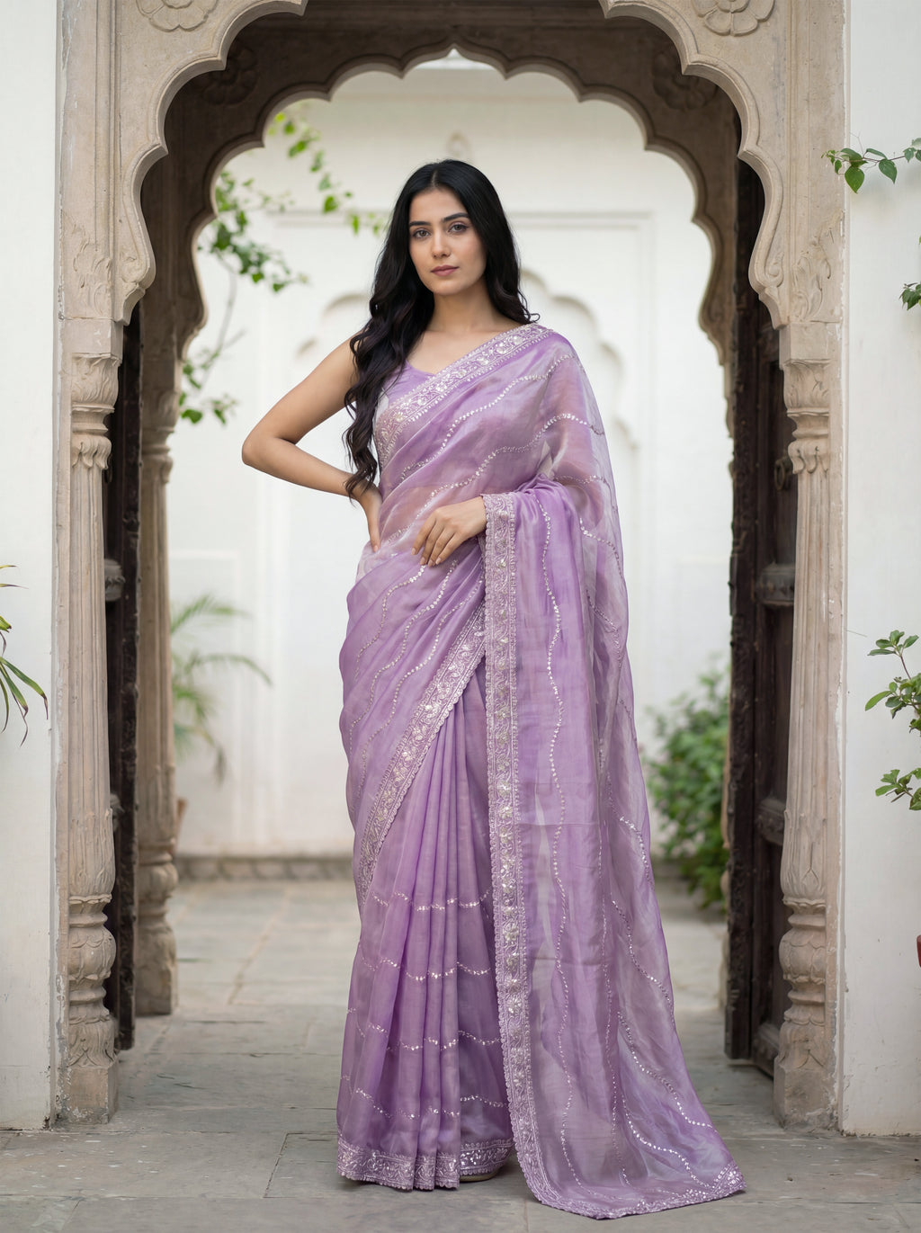 Lavender Tissue Striped Sequence Work Saree