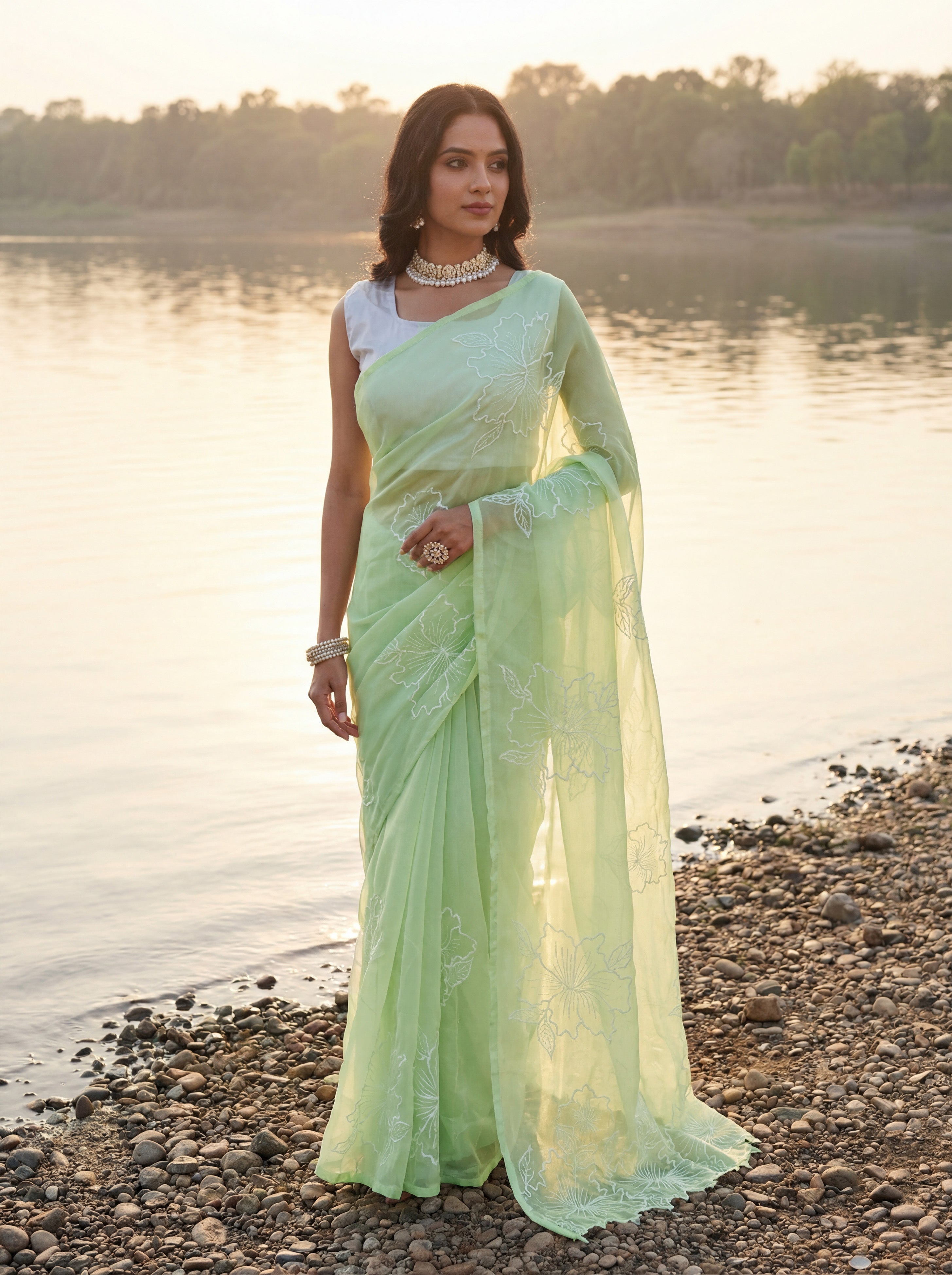 Green Organza Floral Thread Work Saree