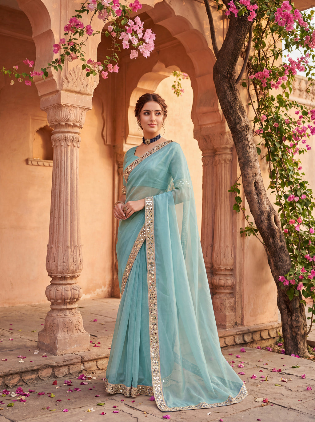 Blue Tissue Geometric Mirror Work Saree