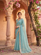 Blue Tissue Geometric Mirror Work Saree