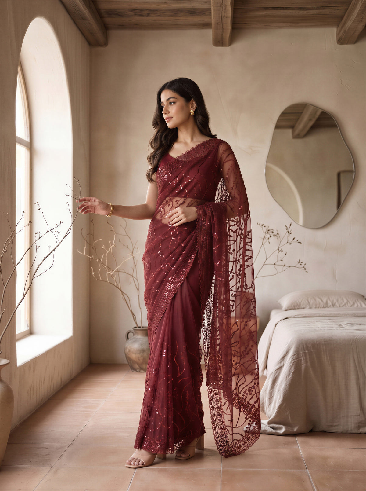 Maroon Net Floral Sequence Work Saree
