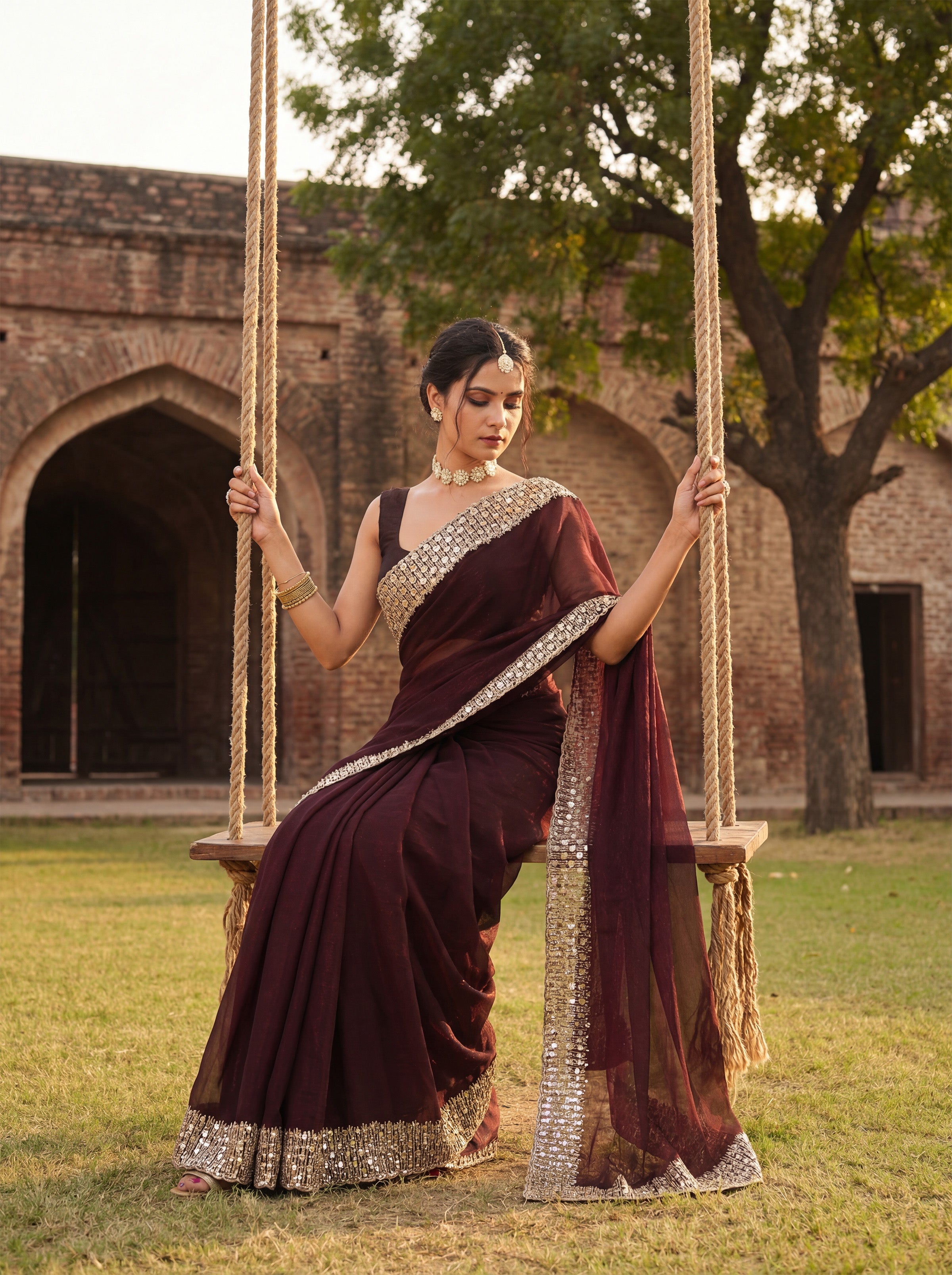 Maroon Tissue Sequence & Mirror Work Saree