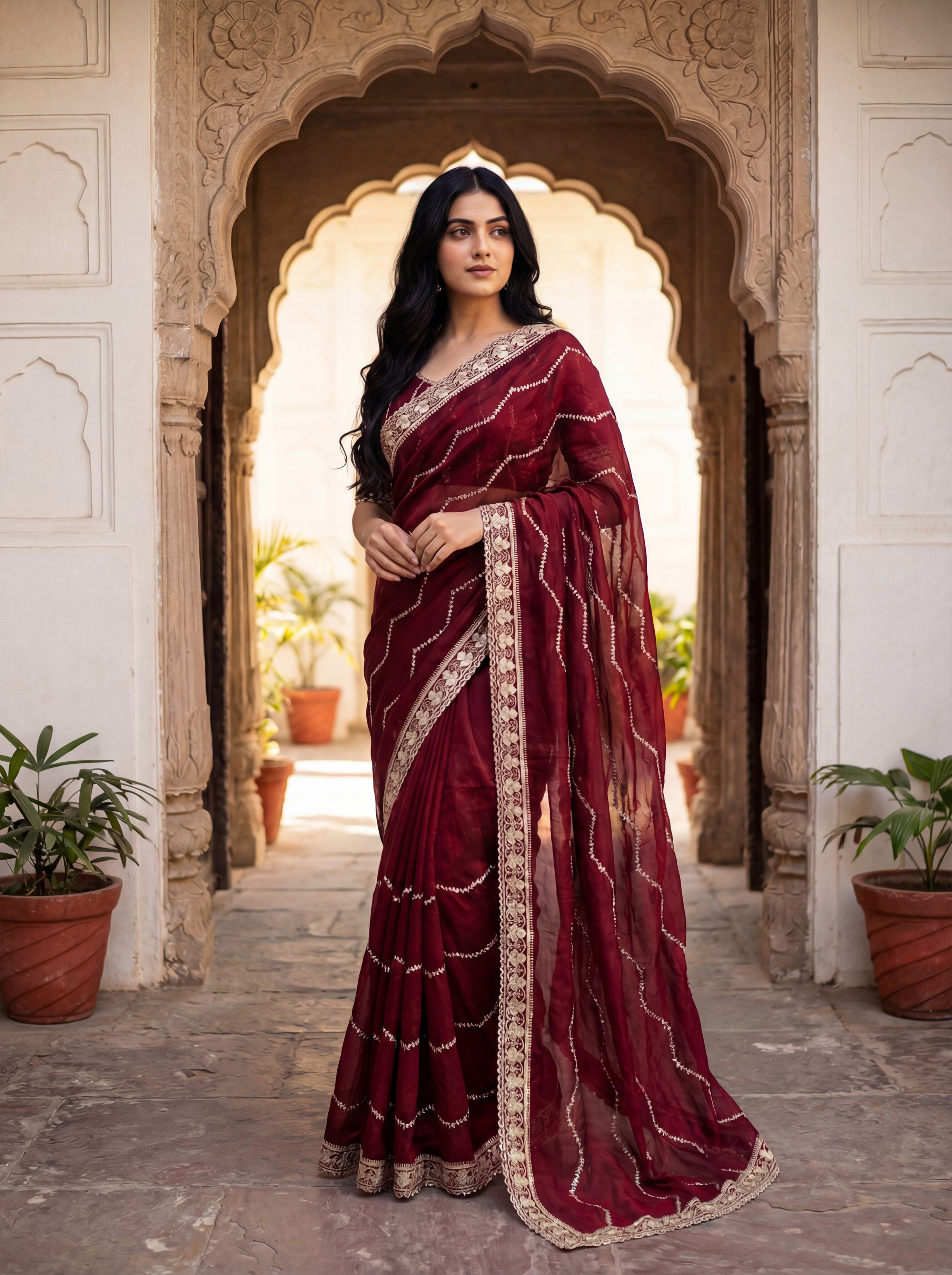Maroon Tissue Striped Sequence Work Saree