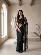 Black Net Floral Sequence Work Saree