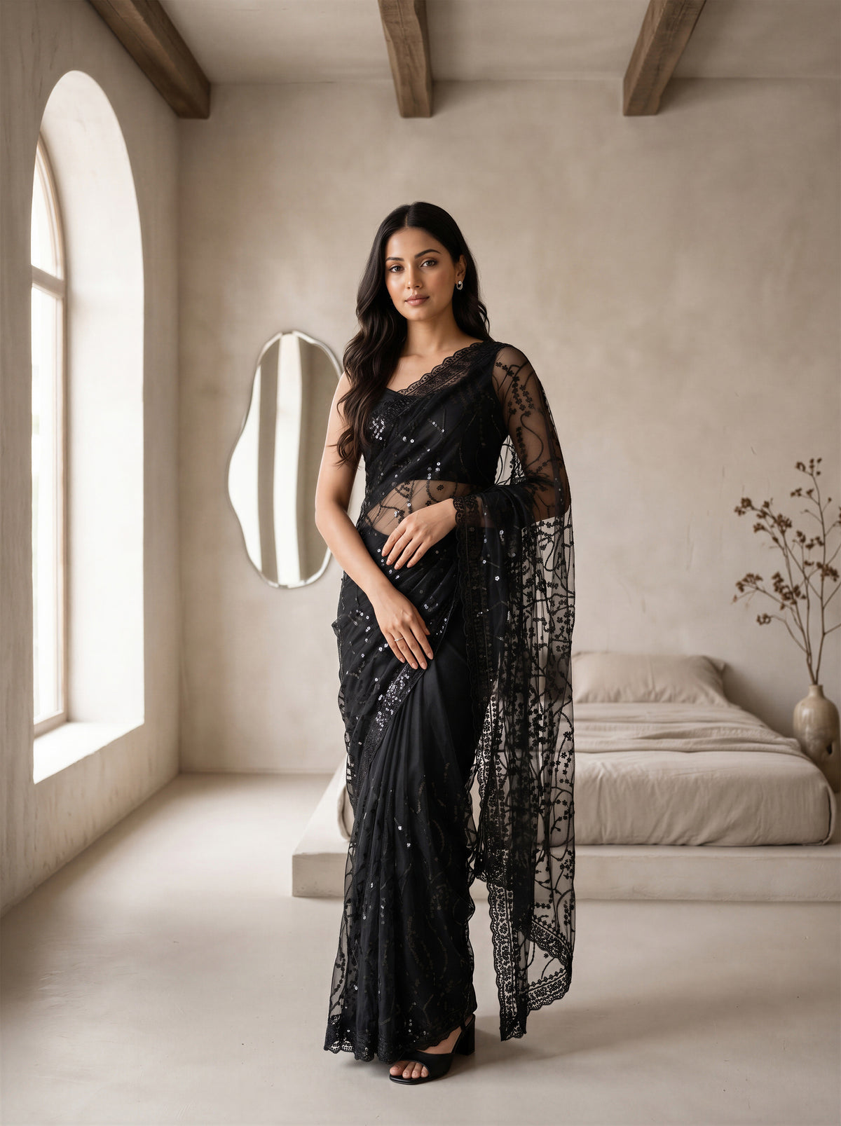 Black Net Floral Sequence Work Saree