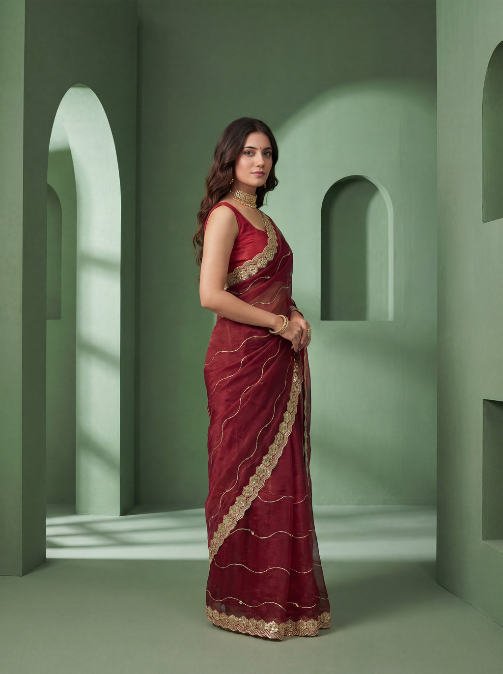 Maroon Organza Striped Zari Work Saree
