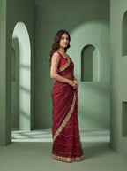 Maroon Organza Striped Zari Work Saree