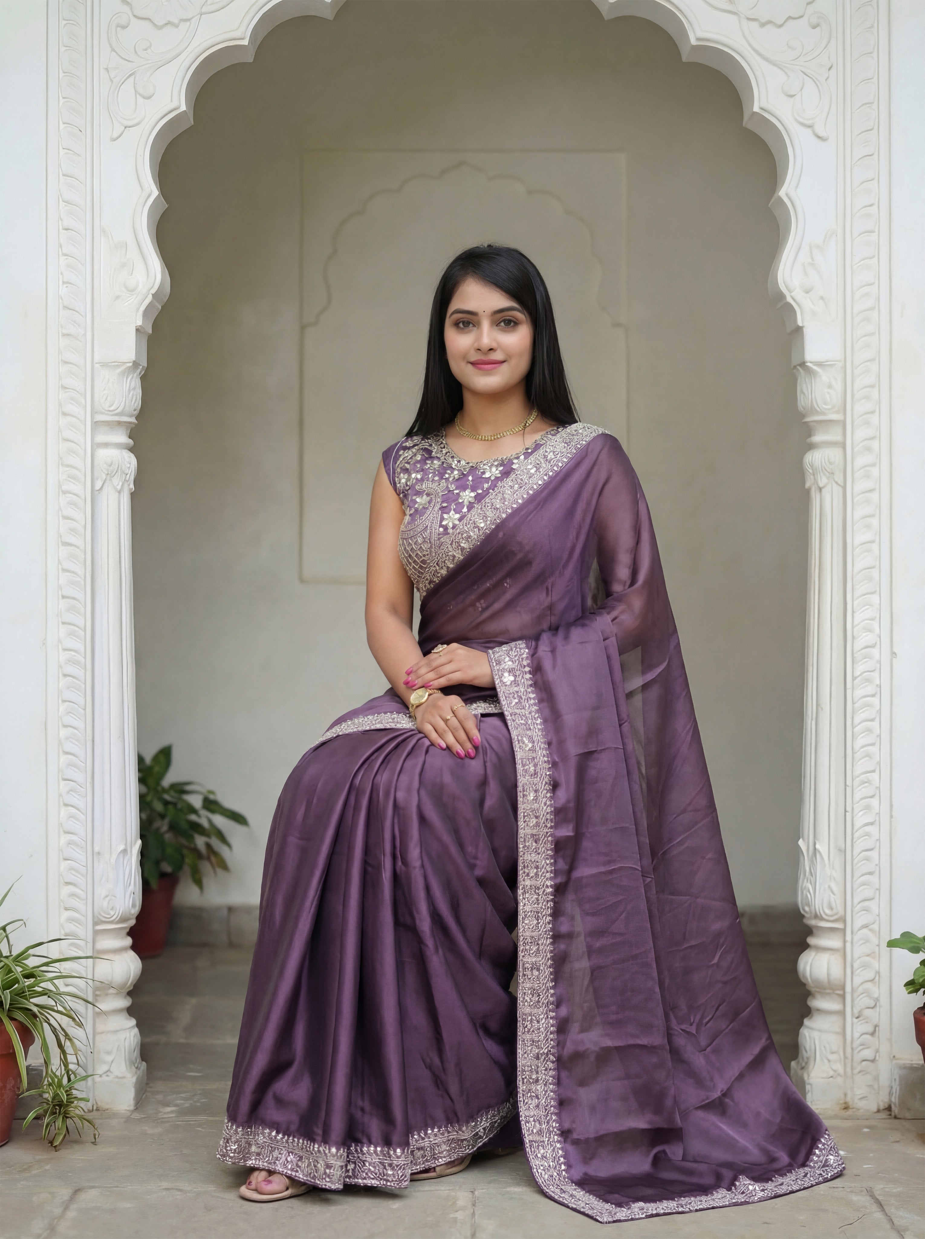 Lavender Silk Sequence & Mirror Work Saree