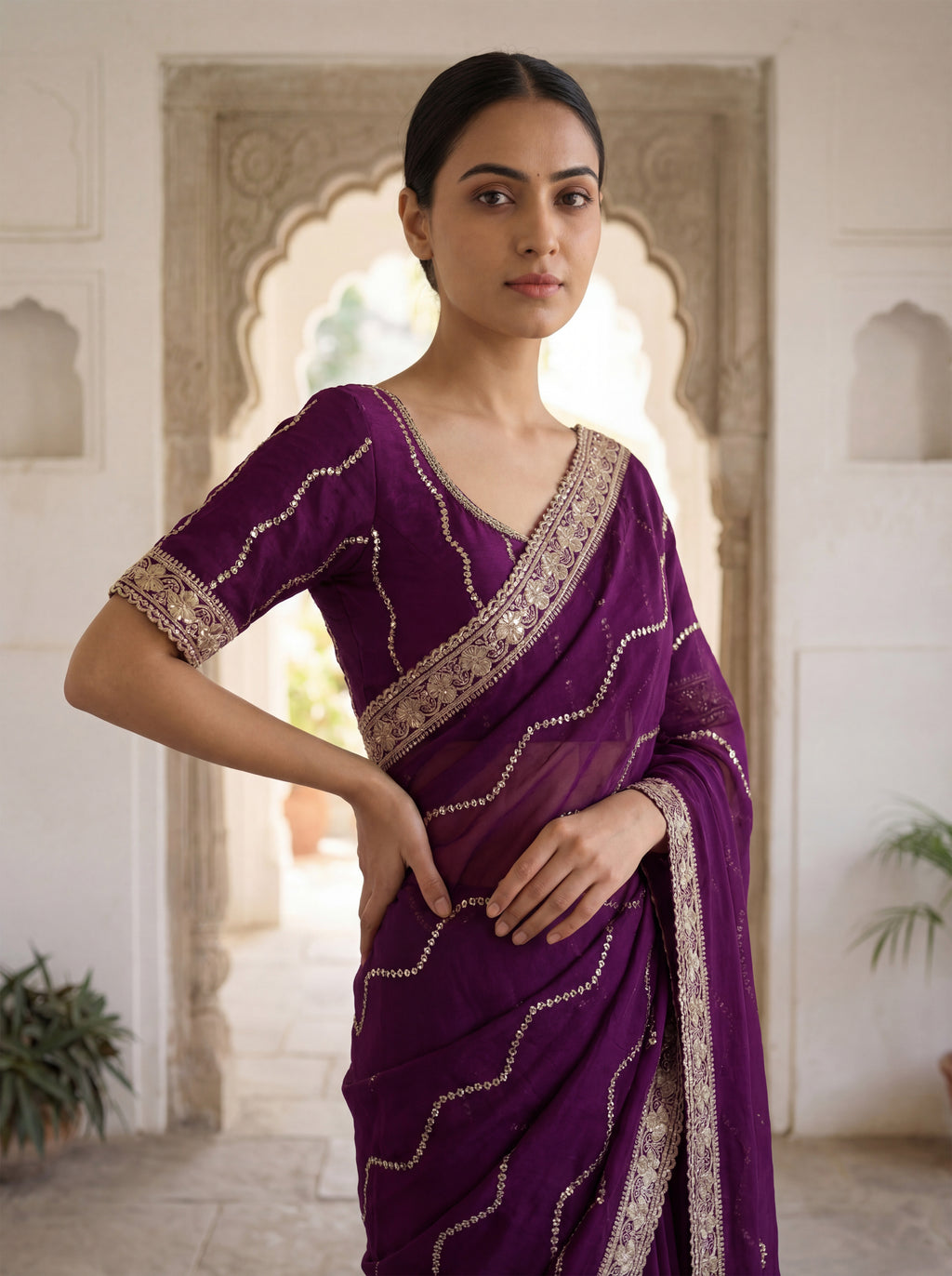 Burgundy Tissue Striped Sequence Work Saree