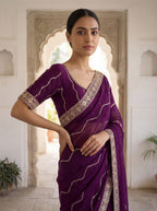 Burgundy Tissue Striped Sequence Work Saree