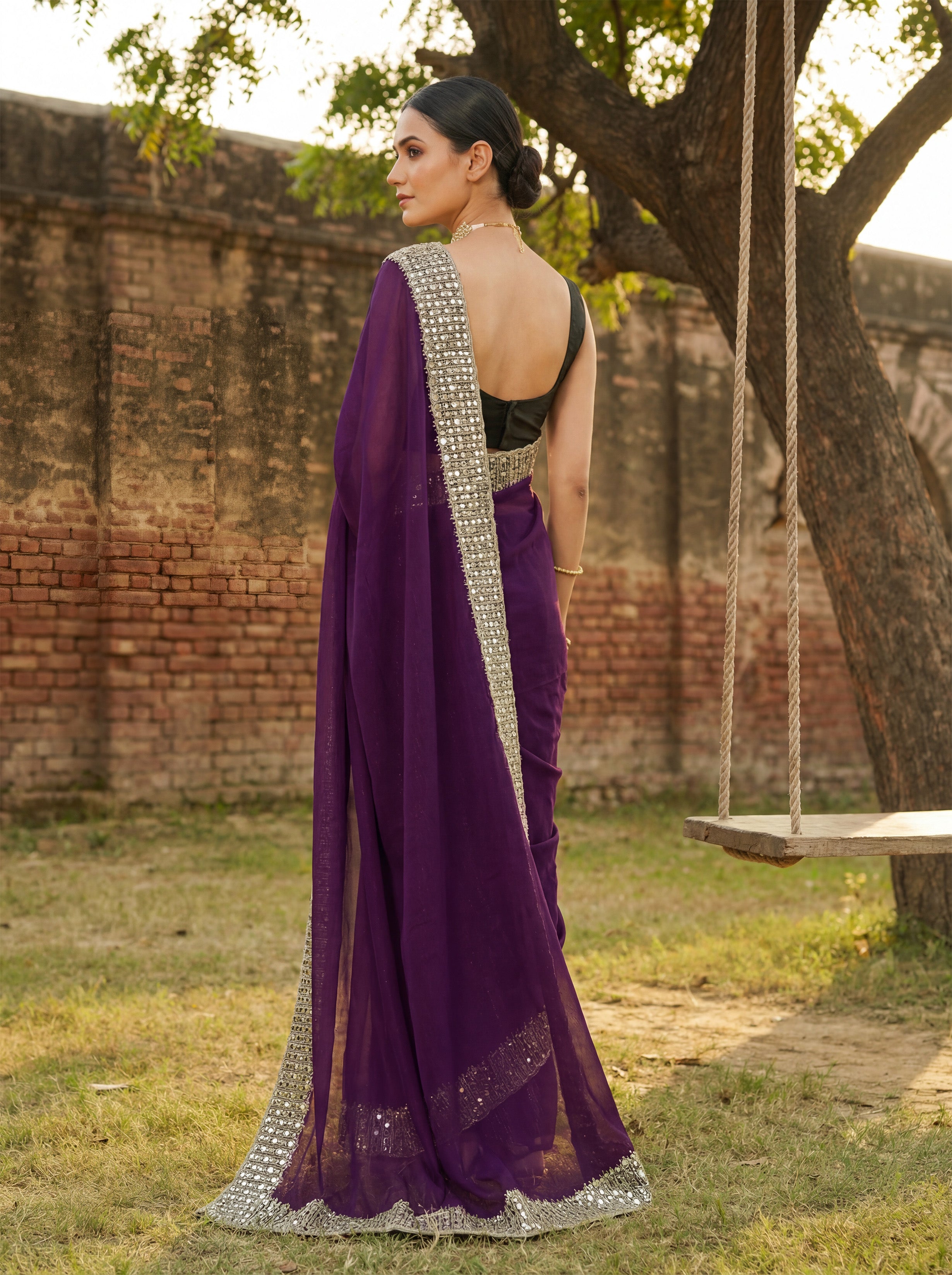 Burgundy Tissue Sequence & Mirror Work Saree