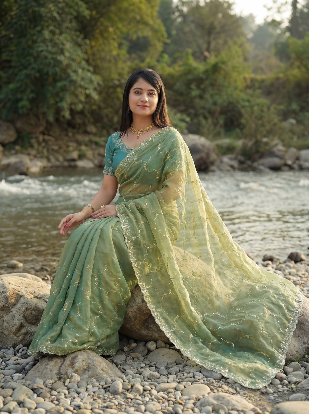 Green Tissue Geometric Sequence Work Saree