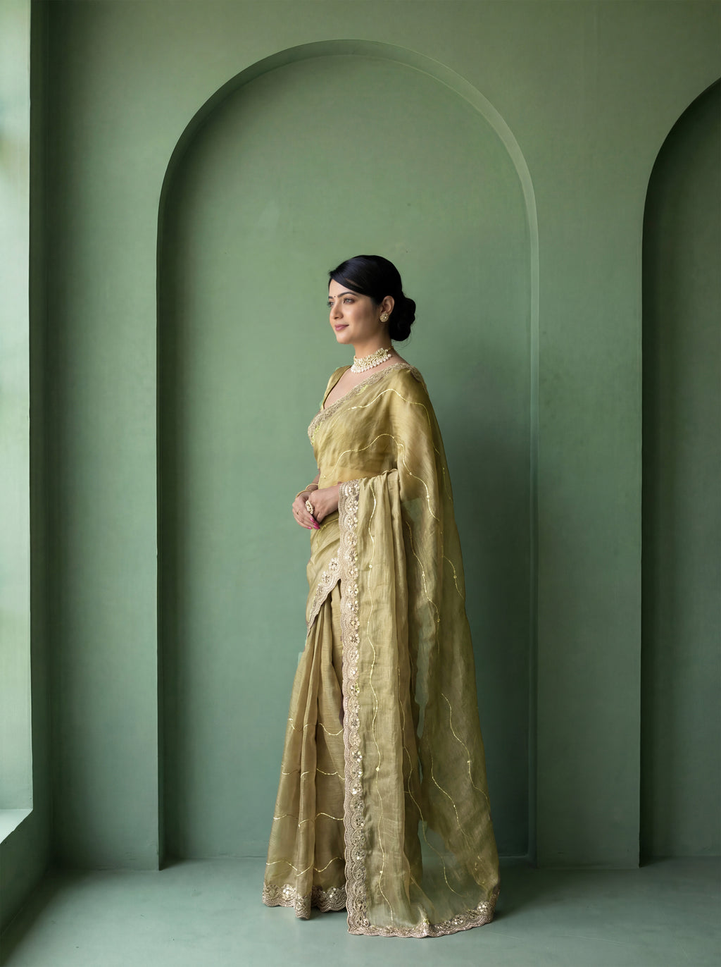 Tan Organza Striped Zari Work Saree
