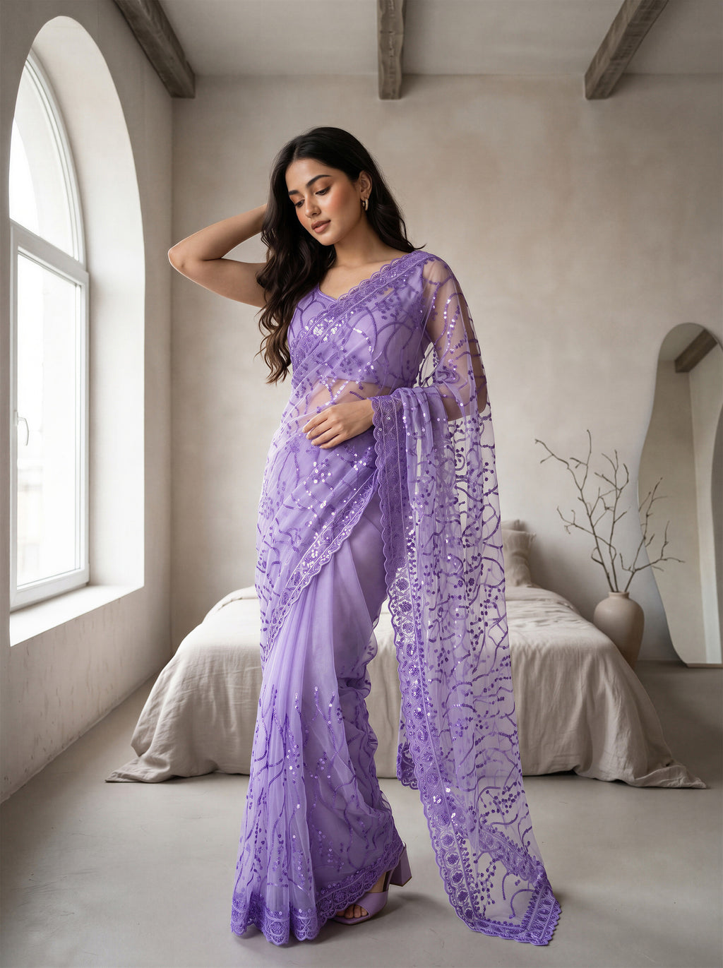 Lavender Net Floral Sequence Work Saree