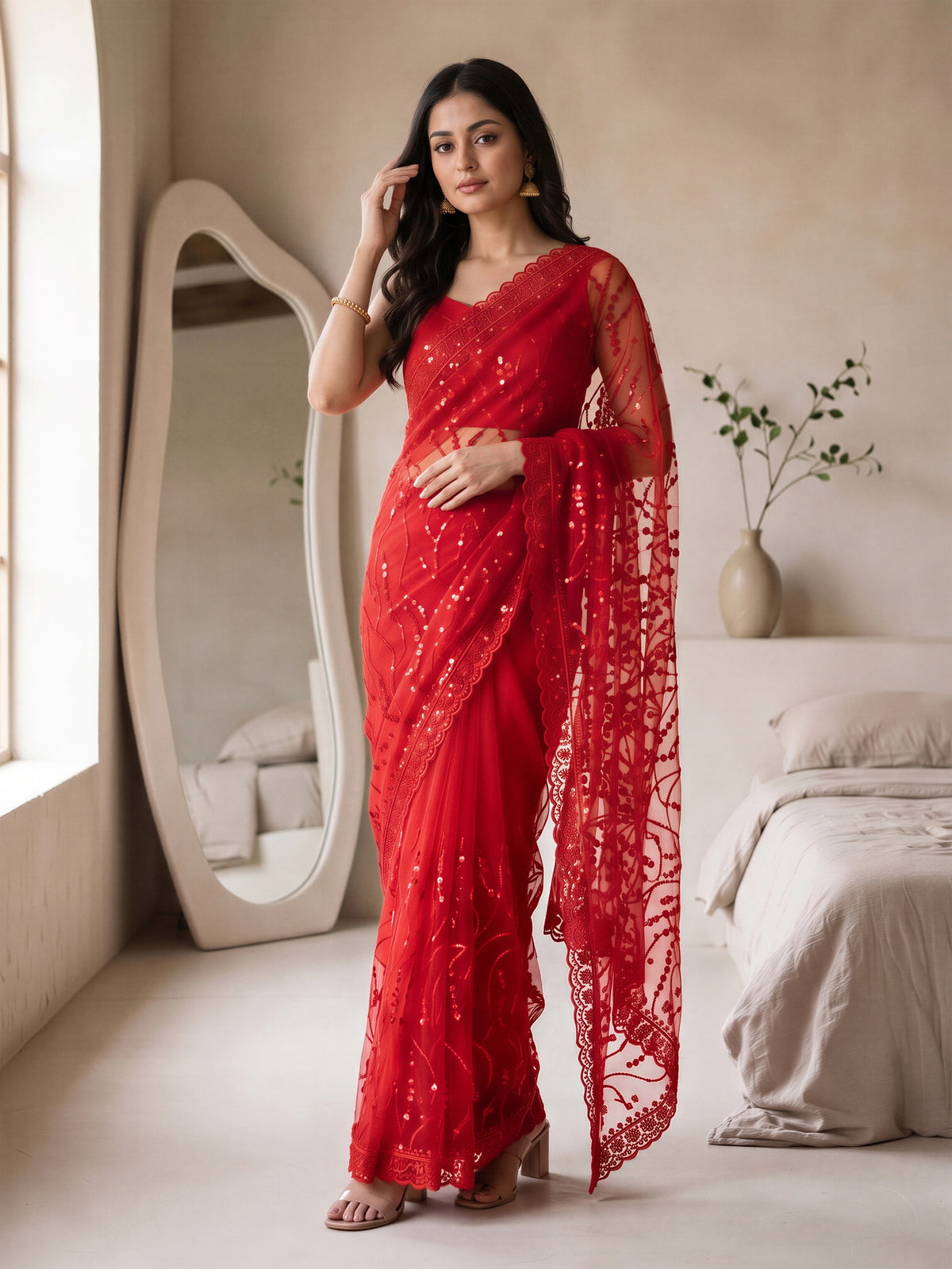 Maroon Net Floral Sequence Work Saree