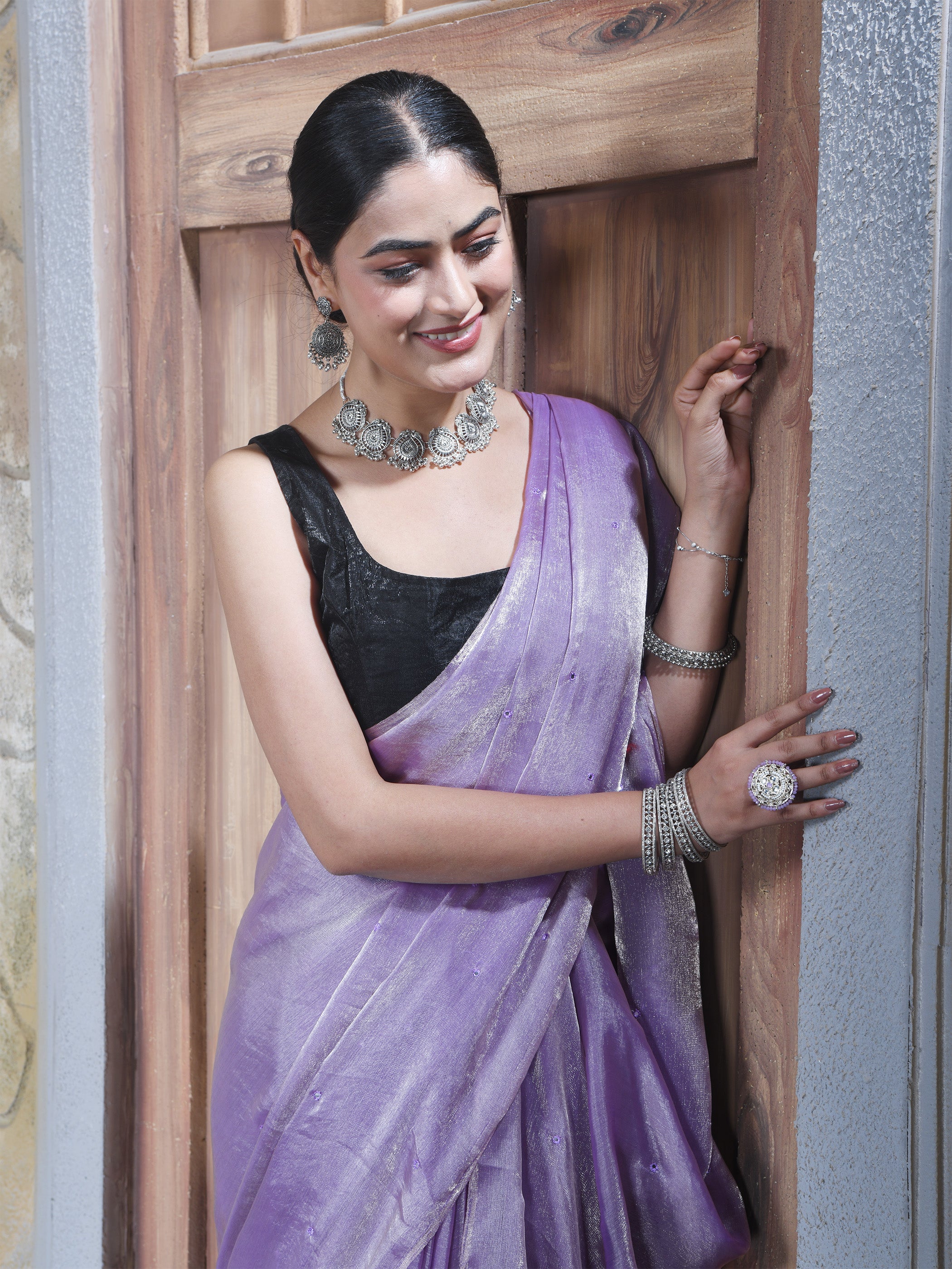 Lavender Pure Chiffon Mirror Work Saree