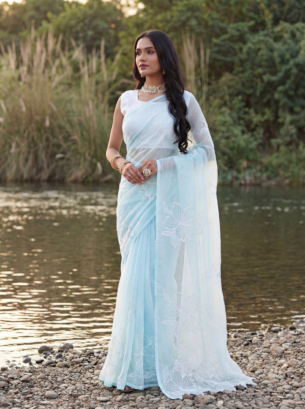 Blue Organza Floral Thread Work Saree