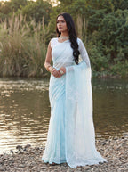Blue Organza Floral Thread Work Saree