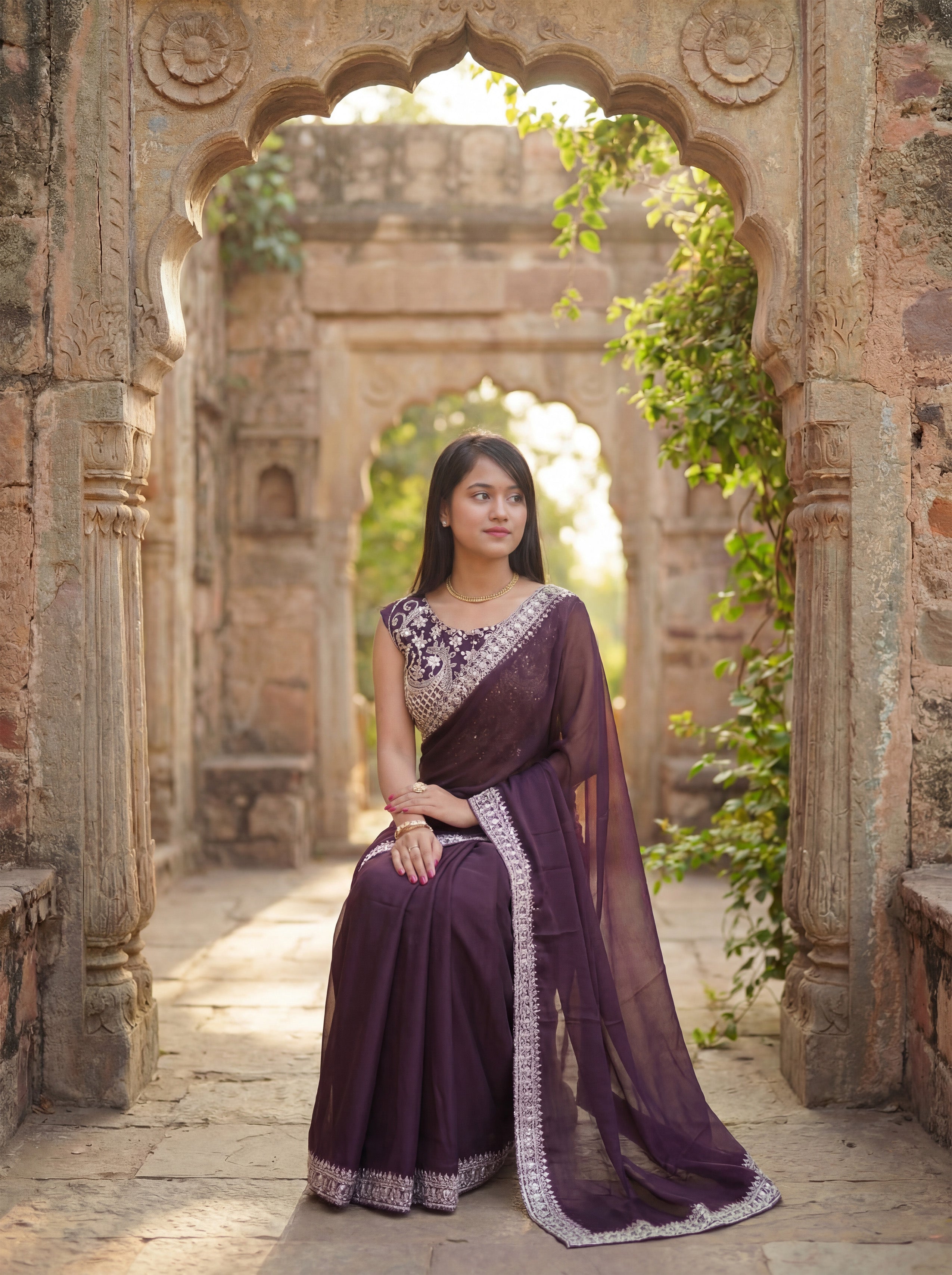 Purple Silk Sequence & Mirror Work Saree