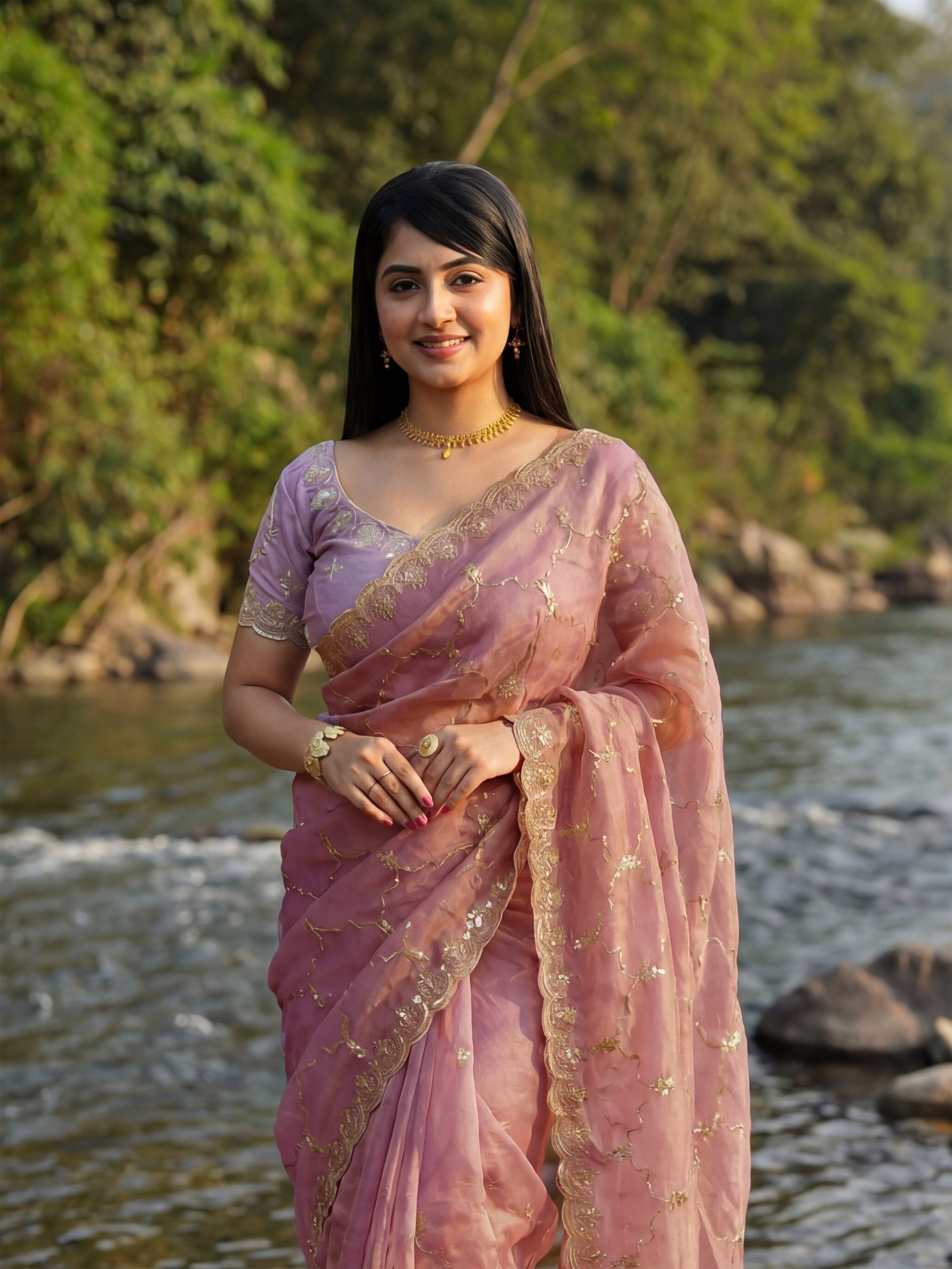 Pink Tissue Geometric Sequence Work Saree