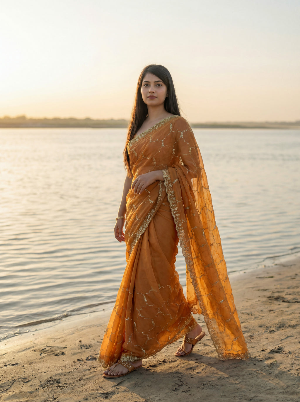 Orange Tissue Geometric Sequence Work Saree