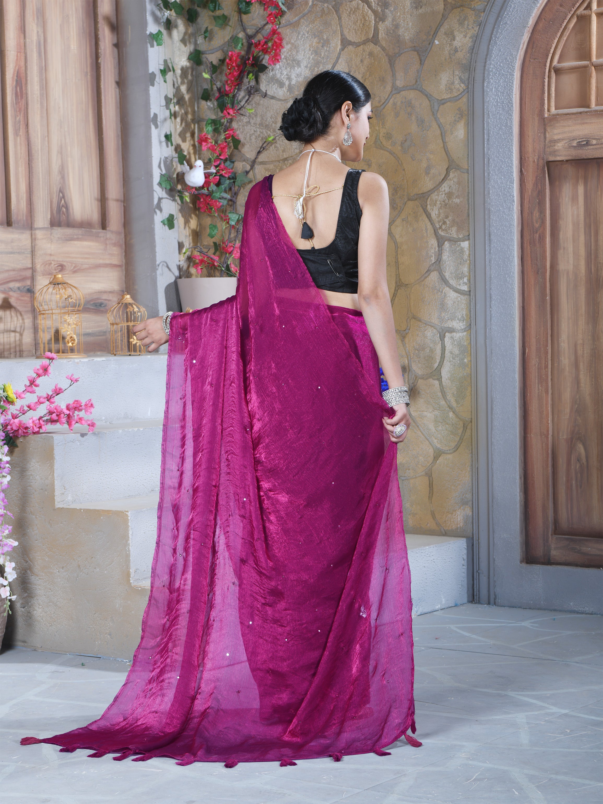 Burgundy Pure Chiffon Mirror Work Saree