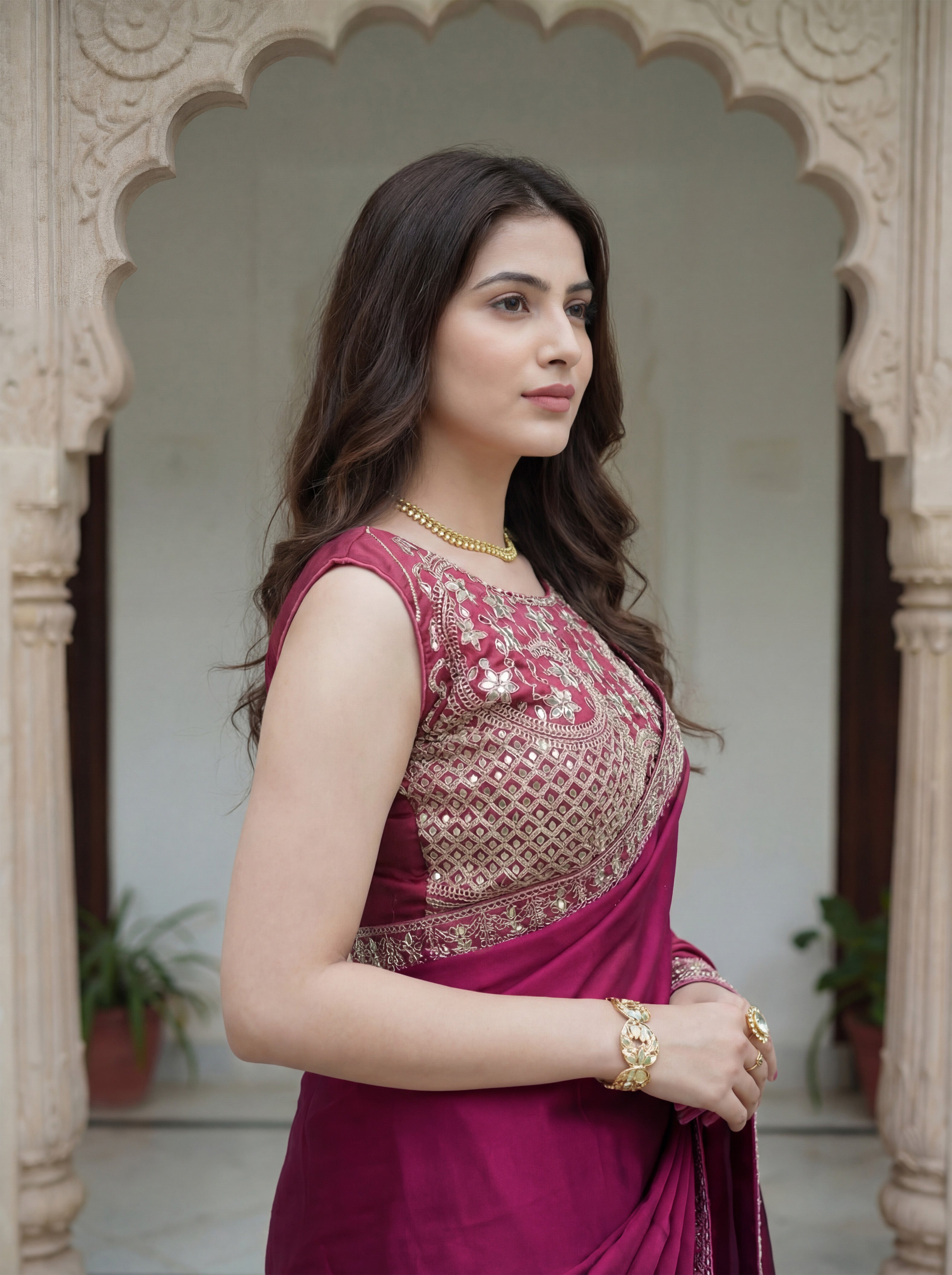 Pink Silk Sequence & Mirror Work Saree