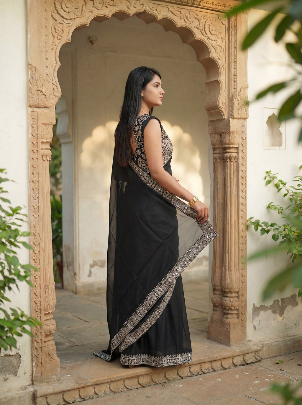 Black Silk Sequence & Mirror Work Saree