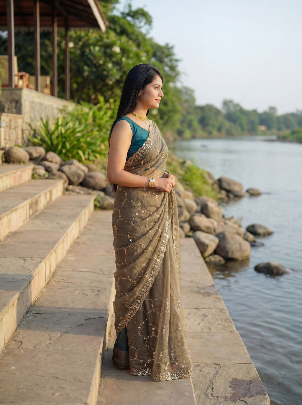 Grey Tissue Geometric Sequence Work Saree