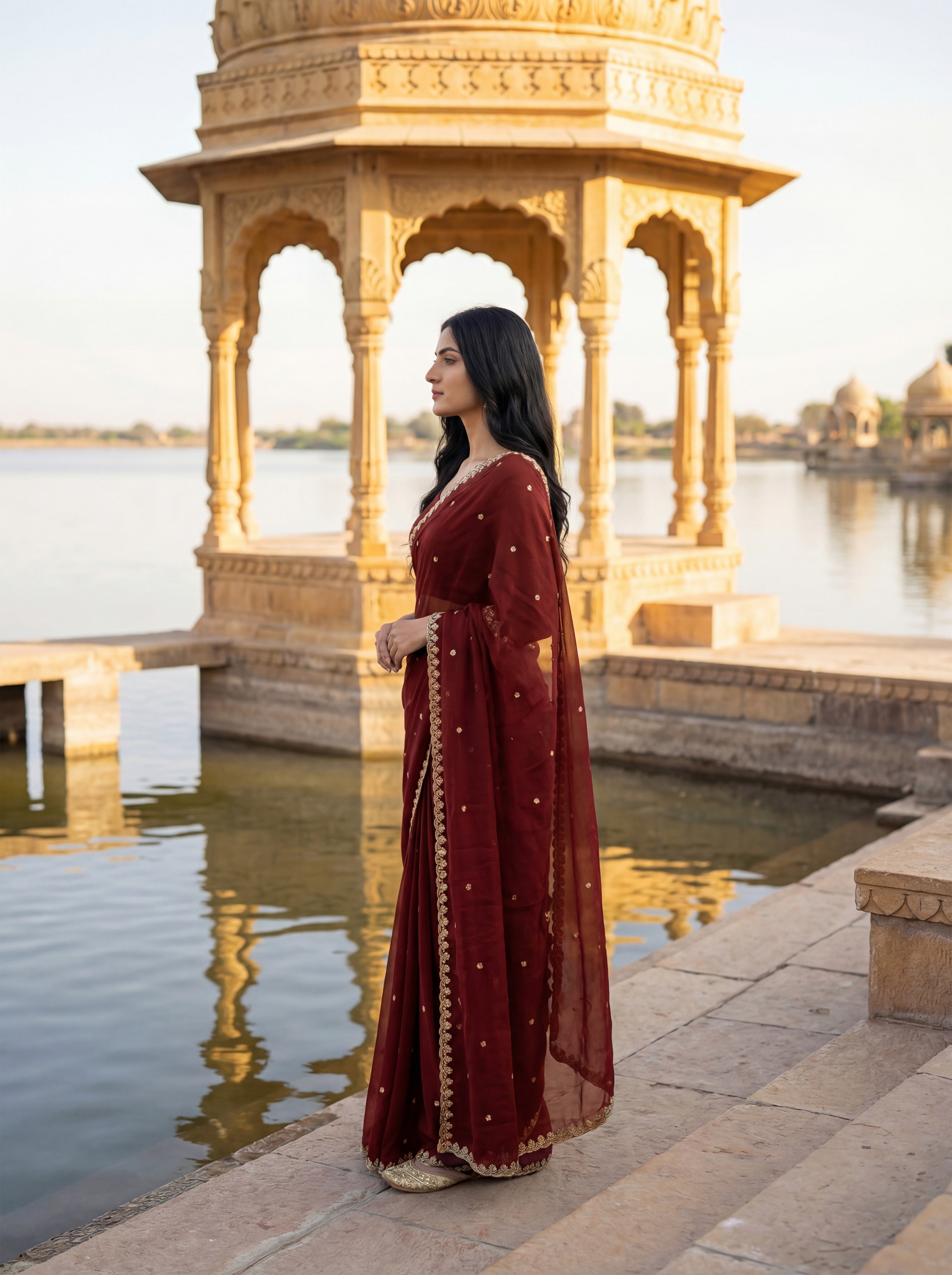 Maroon Tissue Floral Zari Work Saree