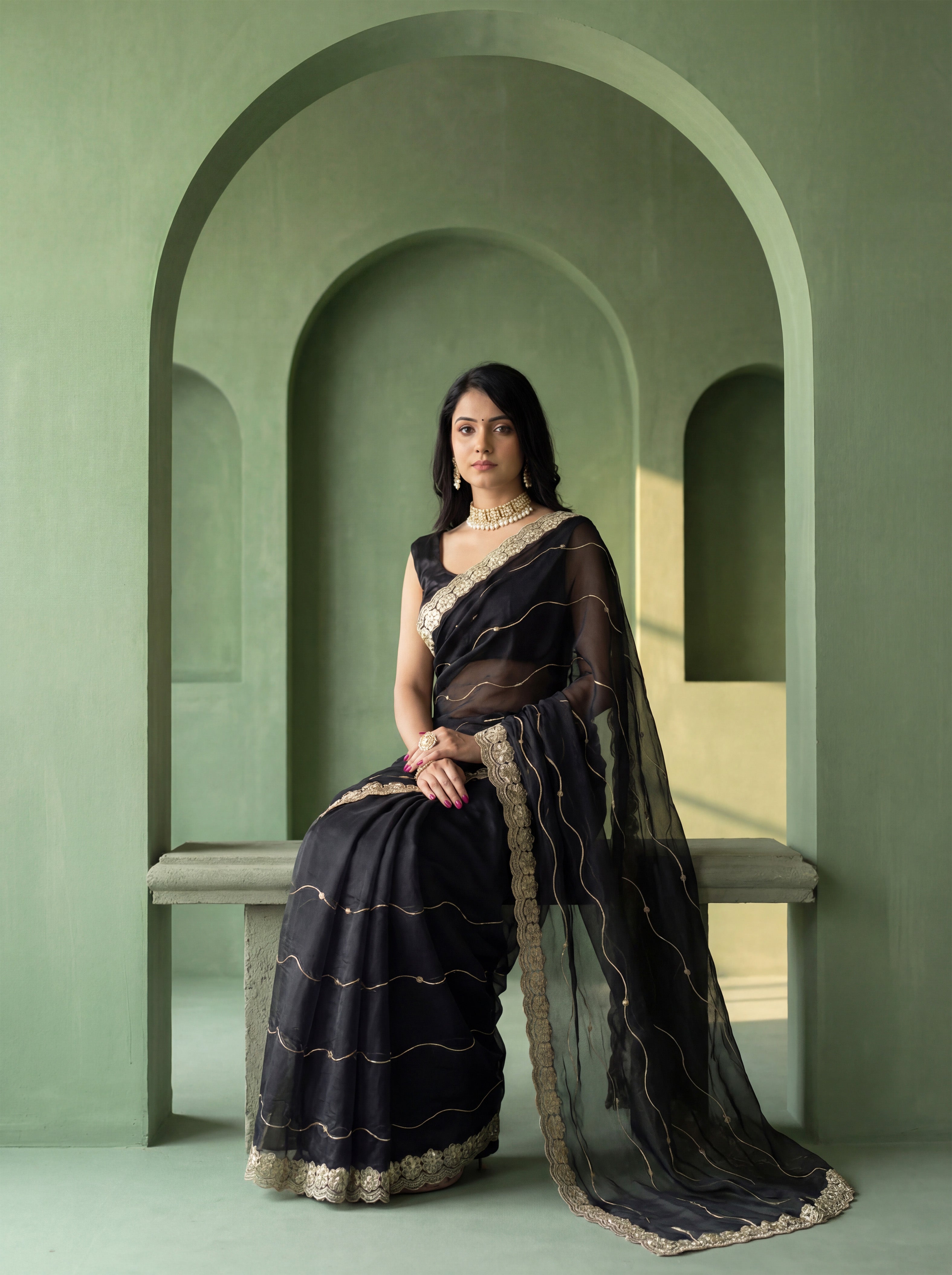 Black Organza Striped Zari Work Saree