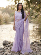 Lavender Organza Floral Thread Work Saree
